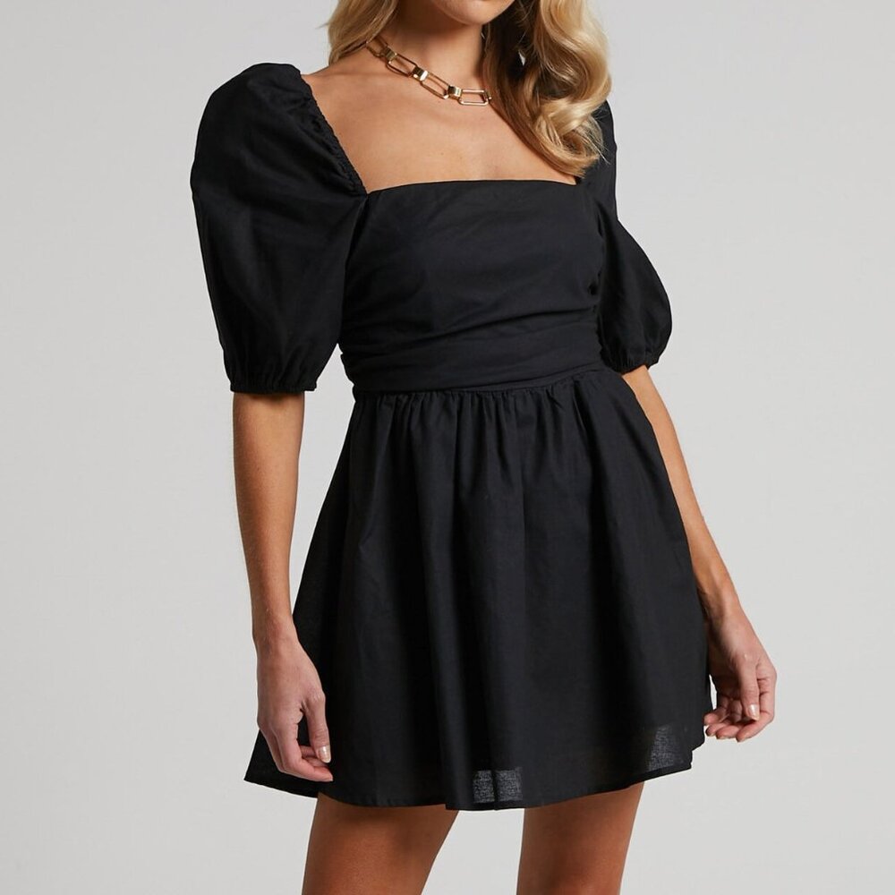Claudina Mini Dress - Linen Look Puff Sleeve Ruched Bodice Dress in Black - NWT
